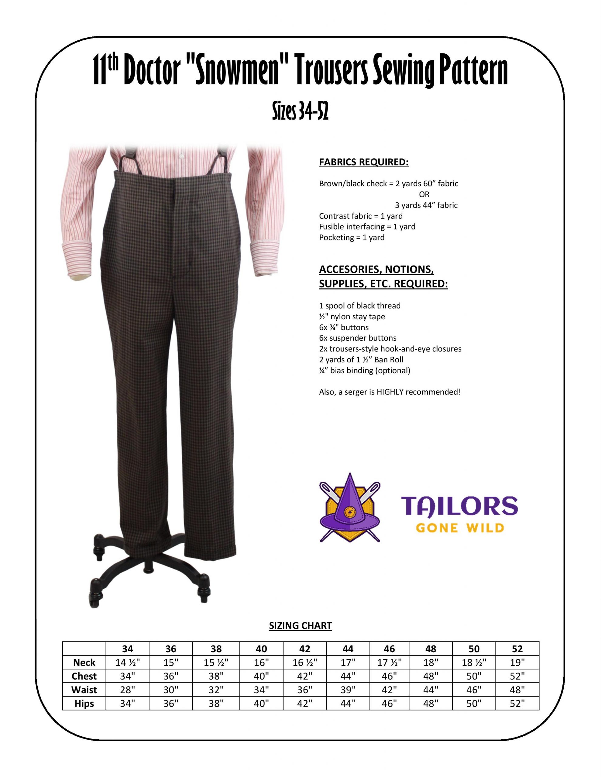 11th Doctor "Snowmen" trousers sewing pattern