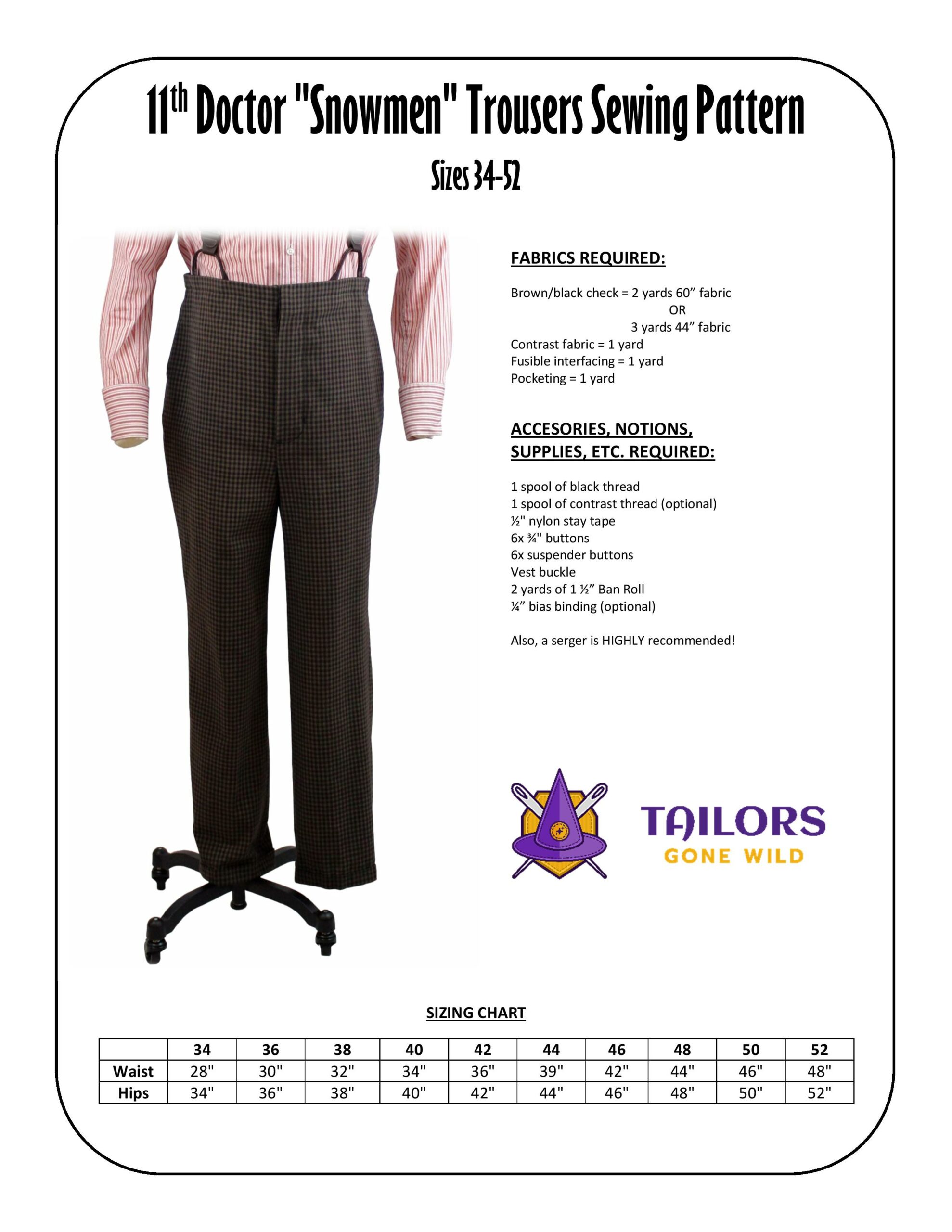 11th Doctor Snowmen trousers sewing pattern - Tailors Gone Wild